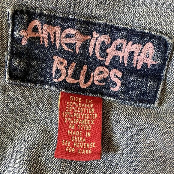 Y2K Women 1X Americana Blue Jean Denim Jacket Button Up Zip Pocket Truck Bikers - Picture 4 of 11